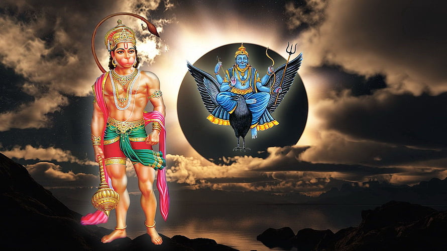 Hanuman and Shani Dev in Dramatic Sky with Eclipse and Mountain Landscape HD wallpaper