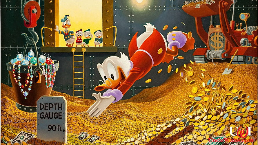 Scrooge McDuck diving into a massive pile of gold coins with nephews watching from a vault window HD wallpaper