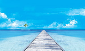 Serene Tropical Ocean Scene With Wooden Pier Leading To Distant Island HD wallpaper