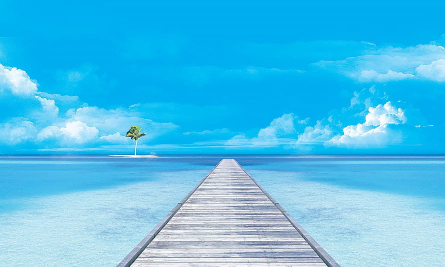 Serene Tropical Ocean Scene With Wooden Pier Leading To Distant Island HD wallpaper