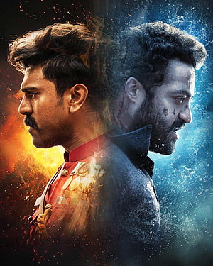 RRR Movie Poster Featuring Two Male Profiles in Fire and Water Elements HD phone wallpaper
