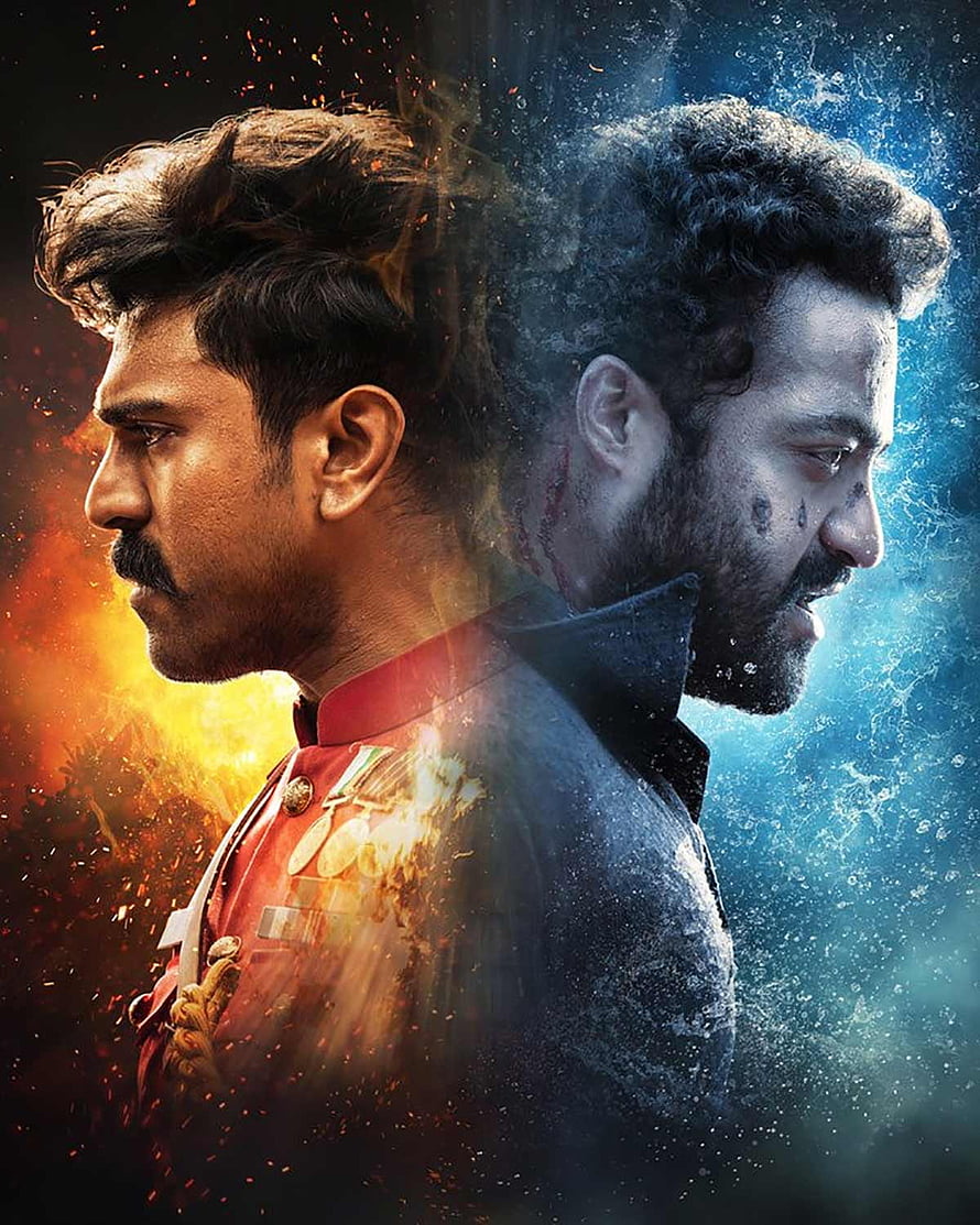 RRR Movie Poster Featuring Two Male Profiles in Fire and Water Elements HD phone wallpaper