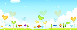 Cute Cartoon Village With Colorful Heart Balloons And Pastel Sky HD wallpaper