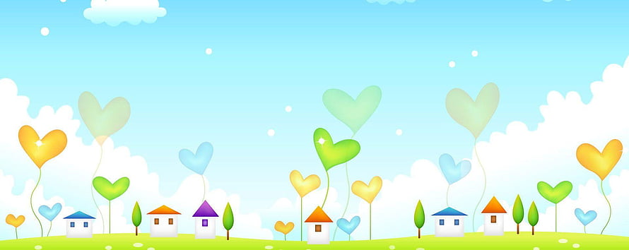 Cute Cartoon Village With Colorful Heart Balloons And Pastel Sky HD wallpaper