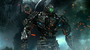 Transformers Lockdown Robot Standing in Dark Battlefield with Sparks and Alien Ship HD wallpaper