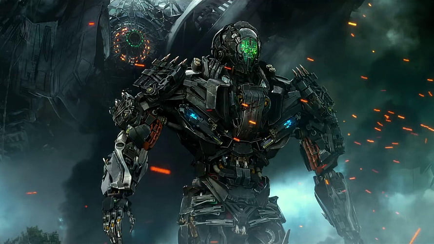 Transformers Lockdown Robot Standing in Dark Battlefield with Sparks and Alien Ship HD wallpaper