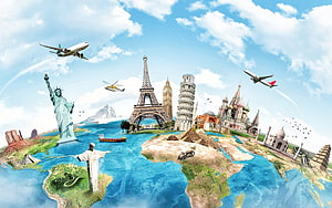 World Travel Collage Featuring Global Landmarks, Airplanes, and Stylized Globe Map HD wallpaper