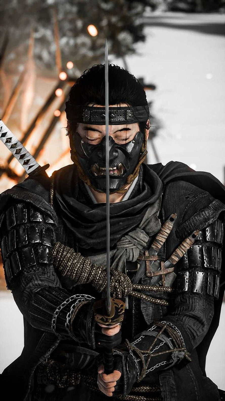 Jin Sakai in Ghost of Tsushima Samurai Armor Holding Katana in Snowy Setting HD phone wallpaper