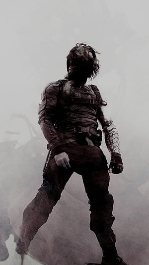 Bucky Barnes Winter Soldier in Tactical Armor Standing in Foggy Atmosphere HD phone wallpaper