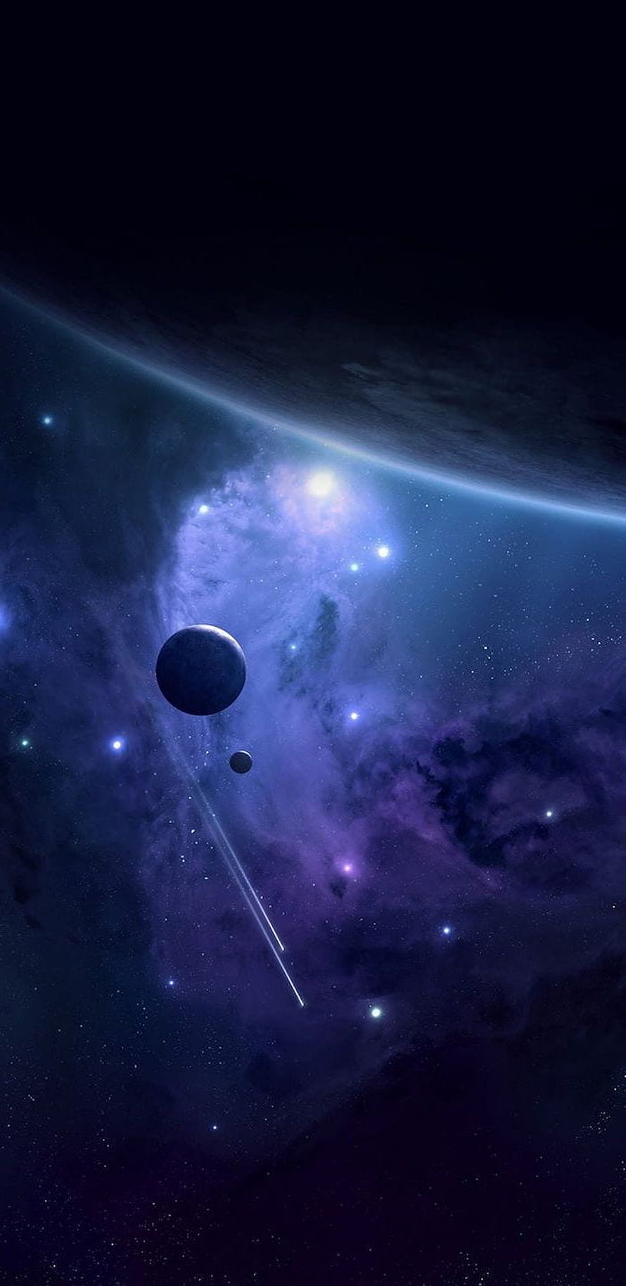 Deep Space Nebula with Distant Planets and Shooting Star Trail HD phone wallpaper