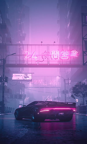 Cyberpunk 2077 Night City Street Scene with Neon Signs and Futuristic Car HD phone wallpaper