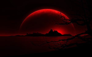 Eerie Red Moon Rising Over Silhouetted Castle and Dead Tree in Dark Landscape HD wallpaper