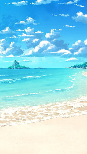 Serene Anime Beach Landscape with Turquoise Water and Distant Island HD phone wallpaper