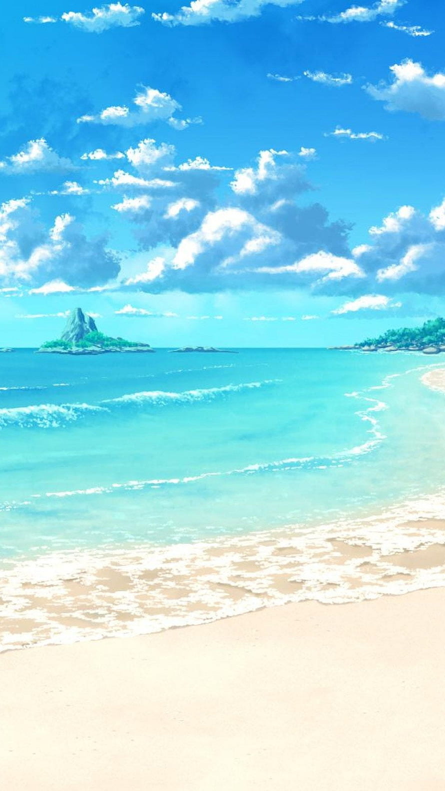 Serene Anime Beach Landscape with Turquoise Water and Distant Island HD phone wallpaper
