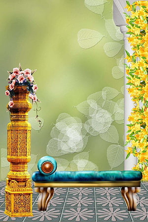 Elegant Garden Studio Backdrop with Golden Column and Teal Bench HD phone wallpaper