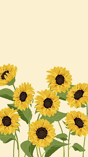 Cute Cartoon Sunflowers with Green Leaves on a Soft Cream Background HD phone wallpaper