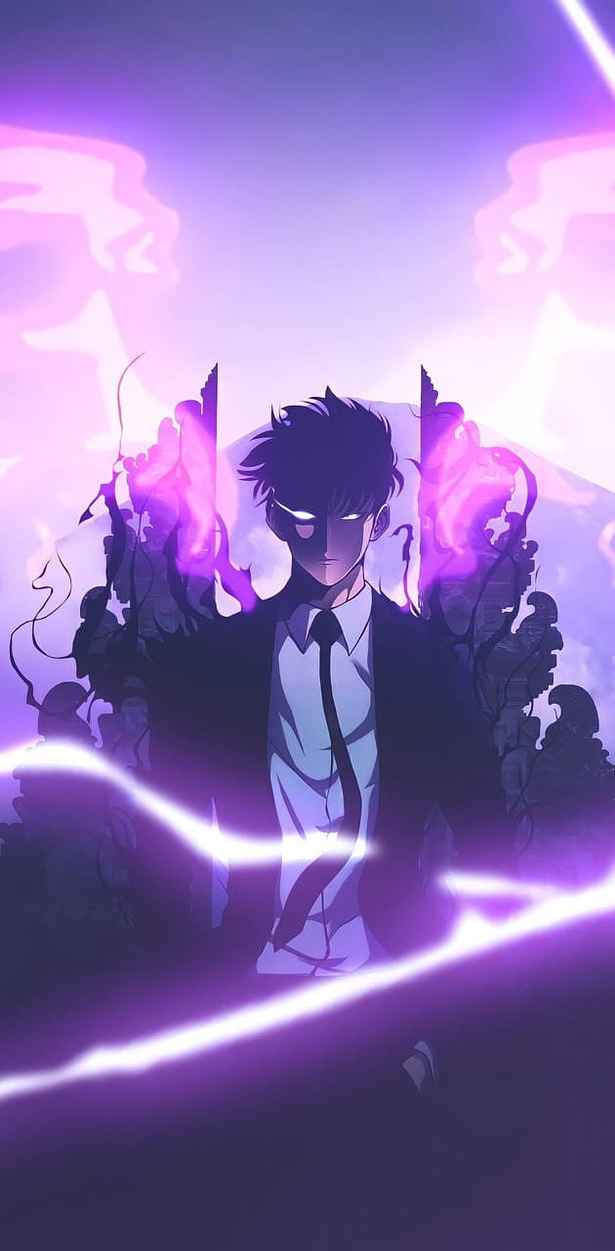 Solo Leveling Anime Character with Glowing Purple Energy and Suit HD phone wallpaper