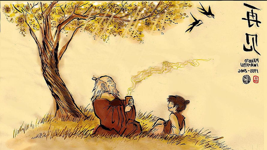 Uncle Iroh and Aang Sharing Tea Under a Blossoming Tree in Avatar The Last Airbender HD wallpaper