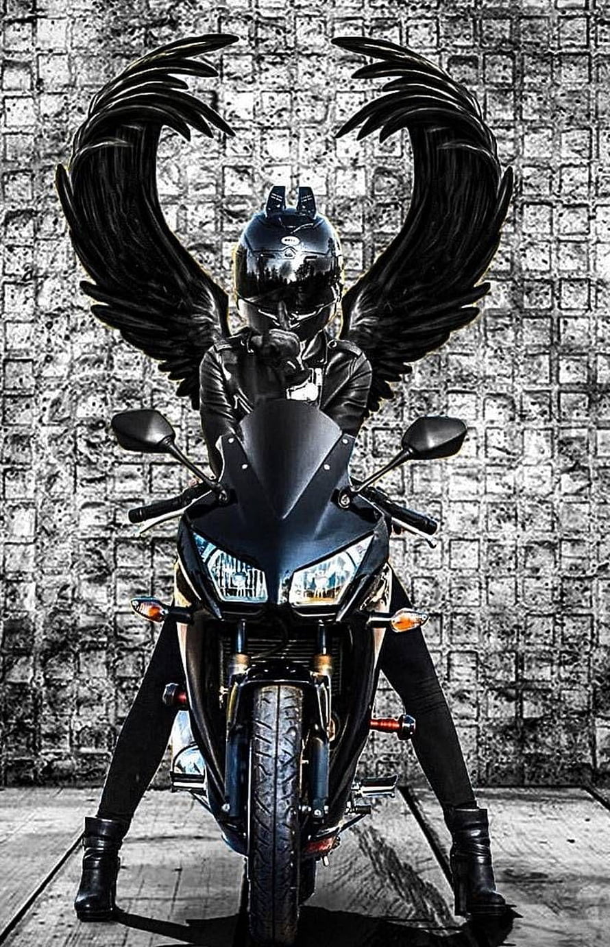 Biker Girl With Black Angel Wings On Sport Motorcycle Against Brick Wall HD phone wallpaper