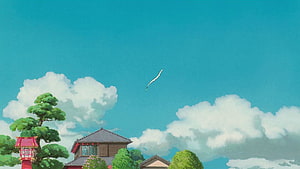 Spirited Away Japanese Village Scene with Traditional Architecture and Kite in Sky HD wallpaper