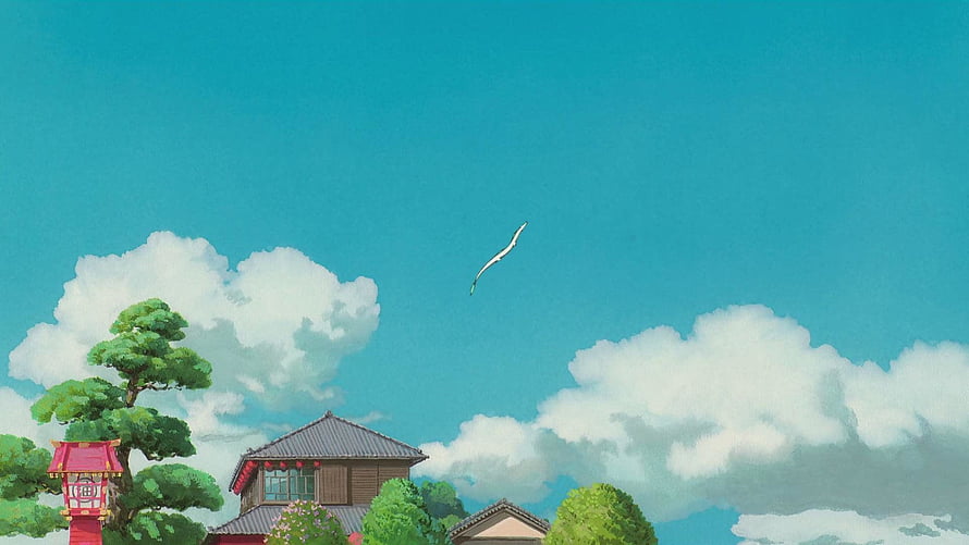 Spirited Away Japanese Village Scene with Traditional Architecture and Kite in Sky HD wallpaper