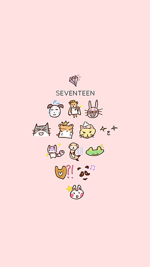 Seventeen K-Pop Group Cute Cartoon Animal Mascot Collection on Soft Pink Background HD phone wallpaper
