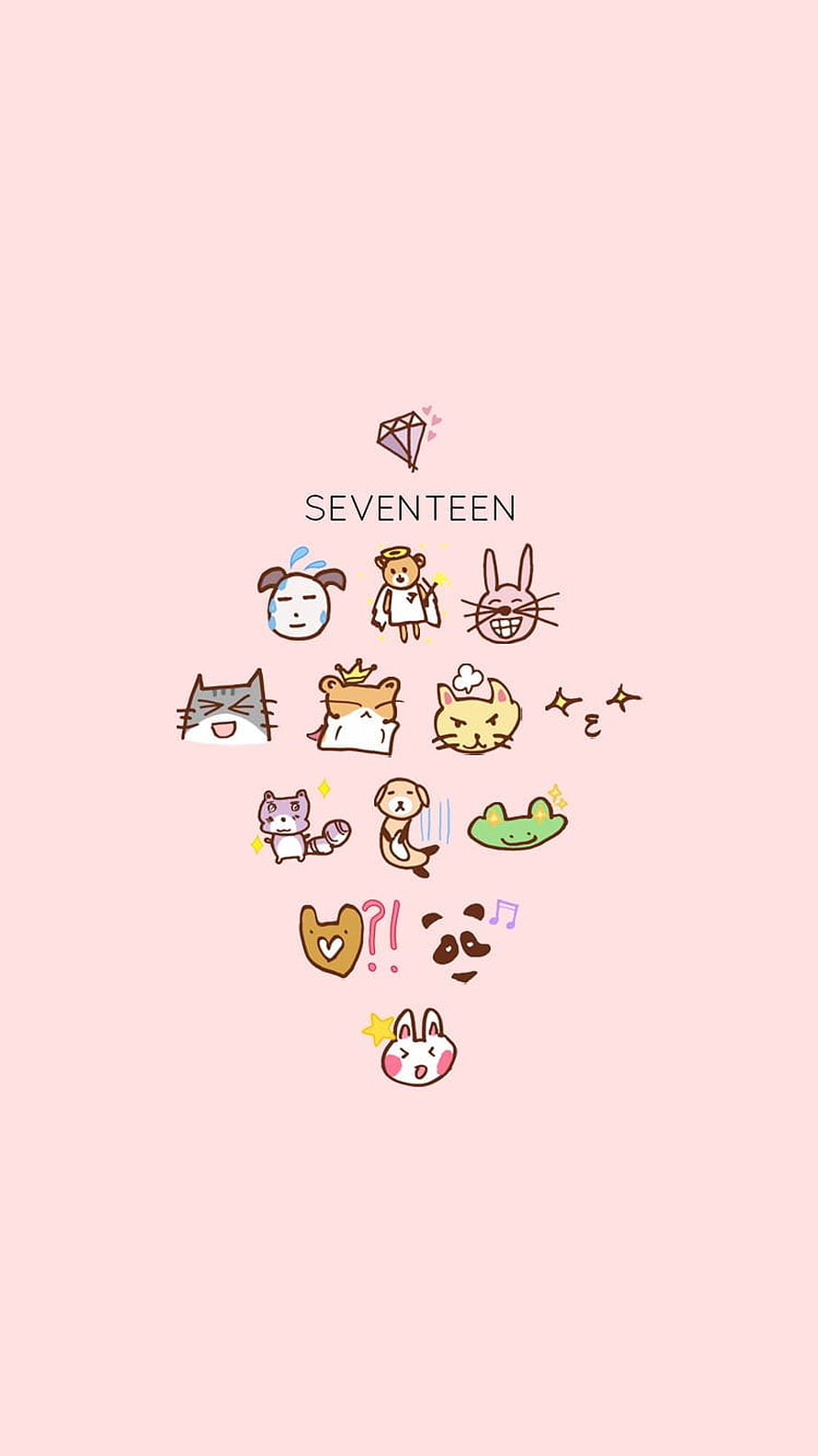 Seventeen K-Pop Group Cute Cartoon Animal Mascot Collection on Soft Pink Background HD phone wallpaper