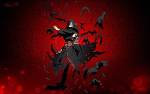 Itachi Uchiha in Akatsuki Robe Surrounded by Crows on Dark Red Background HD wallpaper