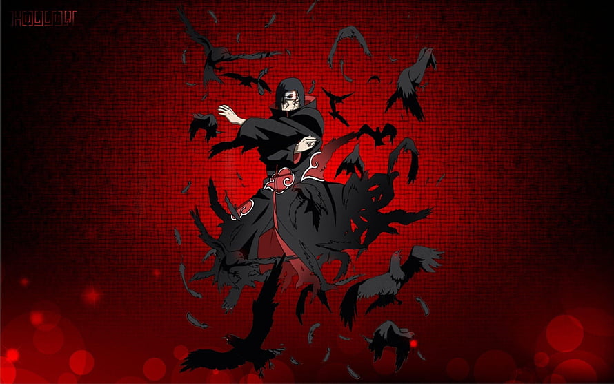 Itachi Uchiha in Akatsuki Robe Surrounded by Crows on Dark Red Background HD wallpaper