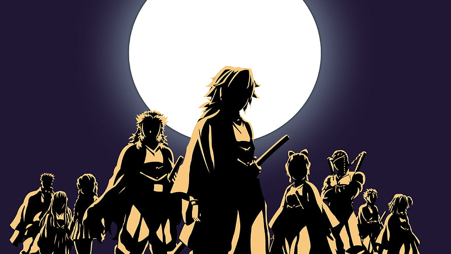 Demon Slayer Silhouettes Against Full Moon Minimalist Anime Art HD wallpaper