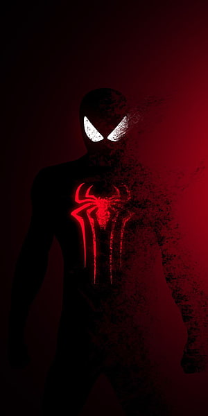 Spider-Man Dark Suit Silhouette with Glowing Red Spider Emblem on Black Background HD phone wallpaper