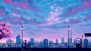 Dreamy Tokyo Skyline at Dusk with Cherry Blossoms and a Cyclist on a Riverside Promenade HD wallpaper