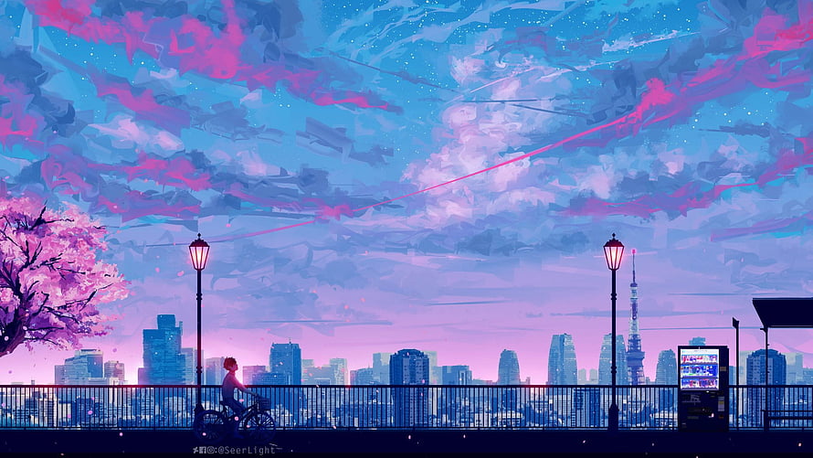 Dreamy Tokyo Skyline at Dusk with Cherry Blossoms and a Cyclist on a Riverside Promenade HD wallpaper