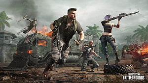 PUBG Battlegrounds Action Scene with Armed Characters and Military Vehicle HD wallpaper