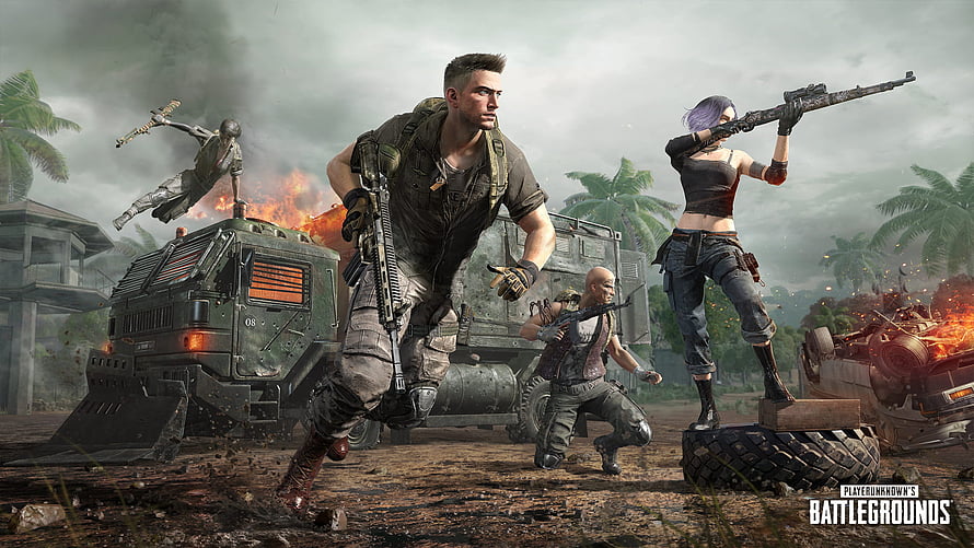 PUBG Battlegrounds Action Scene with Armed Characters and Military Vehicle HD wallpaper