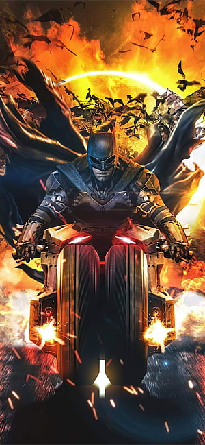 Batman Riding Batpod Through Fire and Debris in Cinematic Action Scene HD phone wallpaper