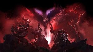 Pentakill League of Legends Dark Fantasy Warriors in Crimson Battle Scene HD wallpaper