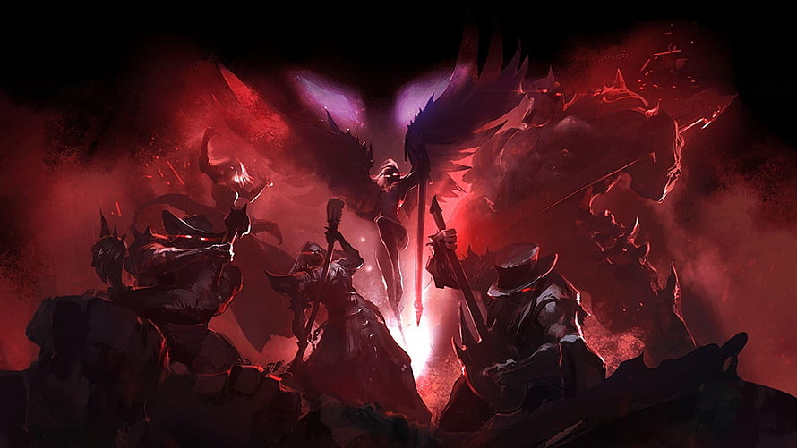 Pentakill League of Legends Dark Fantasy Warriors in Crimson Battle Scene HD wallpaper