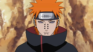 Pain from Naruto Shippuden in Akatsuki cloak with orange spiky hair and facial piercings HD wallpaper