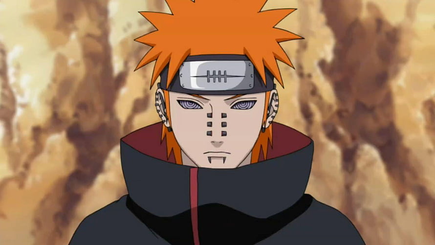 Pain from Naruto Shippuden in Akatsuki cloak with orange spiky hair and facial piercings HD wallpaper