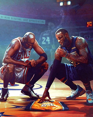 Kobe Bryant and LeBron James Paying Tribute to Michael Jordan in Digital Basketball Art HD phone wallpaper