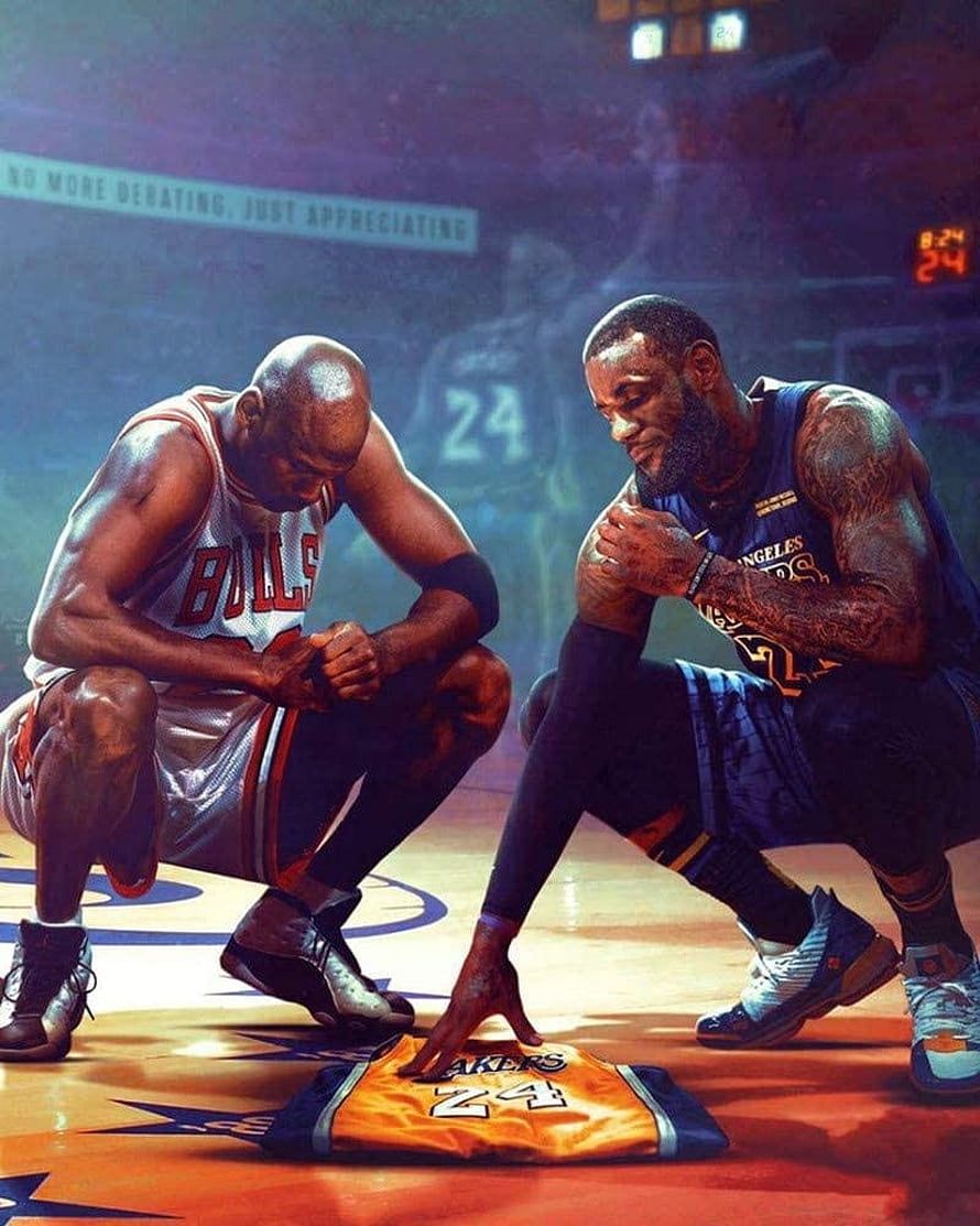Kobe Bryant and LeBron James Paying Tribute to Michael Jordan in Digital Basketball Art HD phone wallpaper