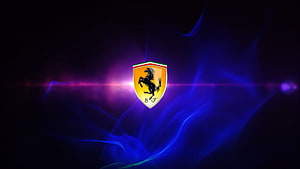 Ferrari Prancing Horse Emblem on Dark Background with Neon Blue and Purple Light Flares HD wallpaper
