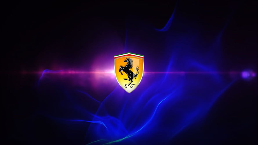 Ferrari Prancing Horse Emblem on Dark Background with Neon Blue and Purple Light Flares HD wallpaper