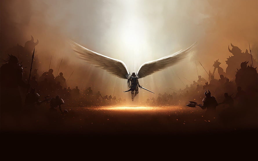Archangel Michael Descending on a Battlefield of Armored Warriors in Dramatic Golden Light HD wallpaper
