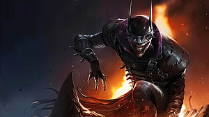 Batman Who Laughs Crouching in Fire and Smoke from Dark Nights Metal HD wallpaper