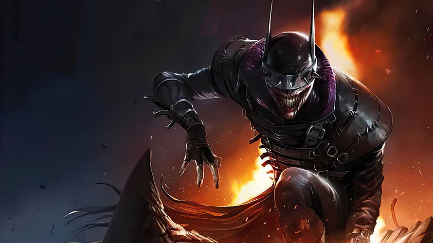 Batman Who Laughs Crouching in Fire and Smoke from Dark Nights Metal HD wallpaper