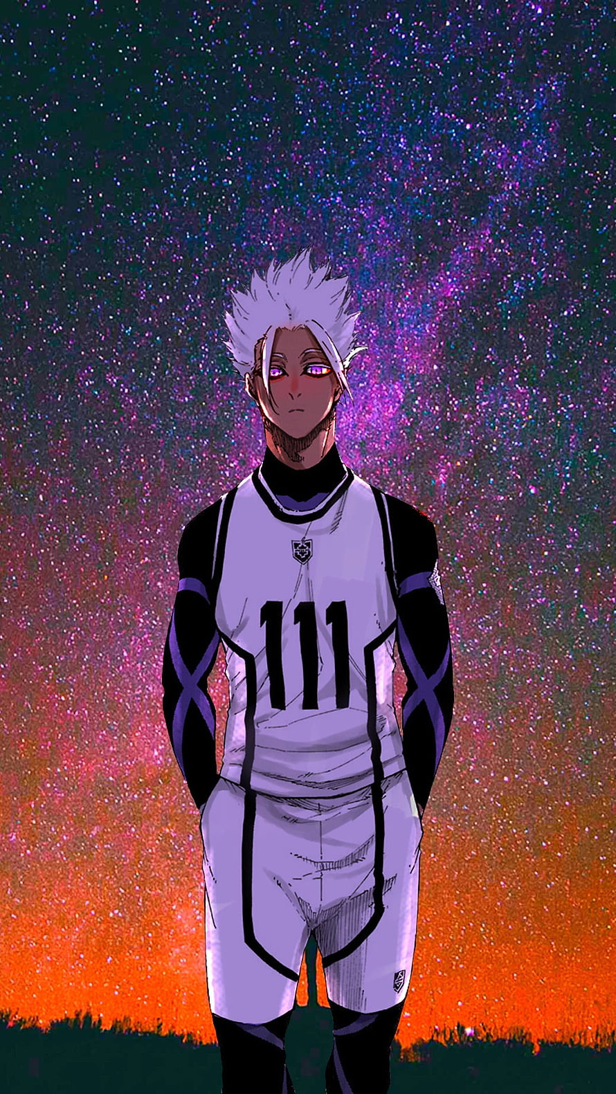 Isagi Yoichi in Blue Lock Number 111 Jersey Against Vibrant Cosmic Background HD phone wallpaper