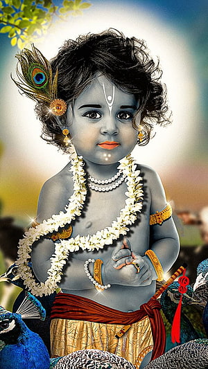 Lord Krishna Child Portrait with Peacock Feather and Floral Garland HD phone wallpaper
