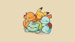Cute Chibi Pikachu Bulbasaur Squirtle and Charmander Group Hug Illustration HD wallpaper